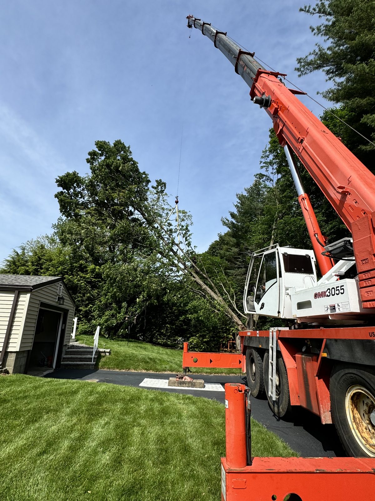 Crane lifting a leaning tree over a garage