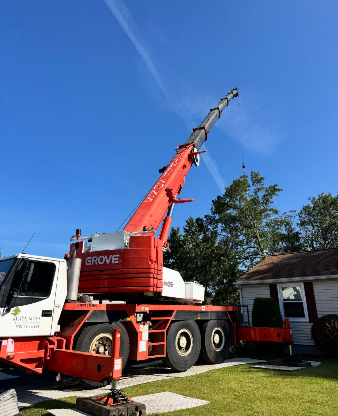 Tree Sons branded crane truck on a job